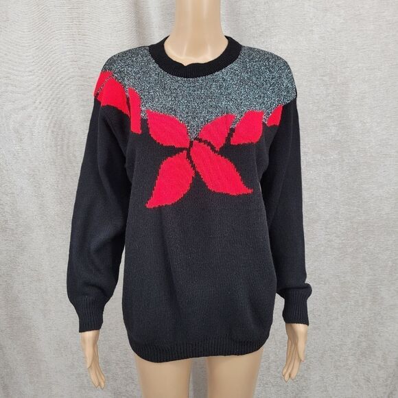 Carly Blake Vintage Christmas Holiday Sweater Black Red Metallic Silver 80s - Picture 1 of 8